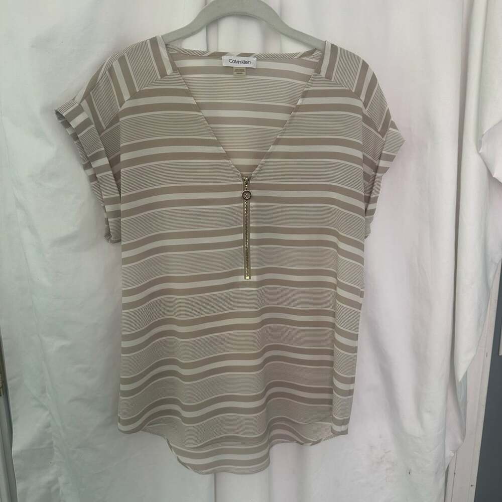 Calvin Klein Blouse Size M Striped Short Sleeve Zip V-Neck Top